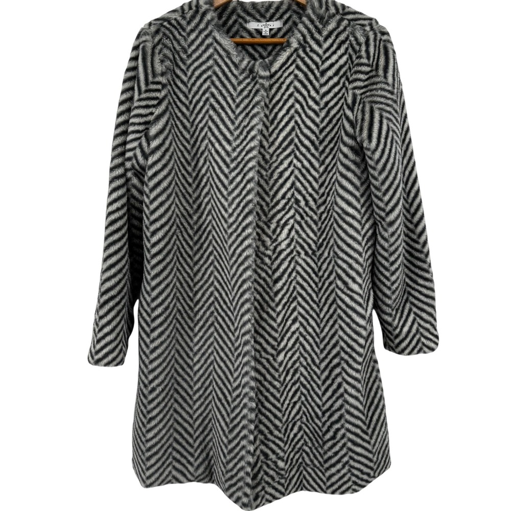 Fever Grey Black Faux Fur Coat Longline Snap Closure Jacket S Zebra Animal Prin